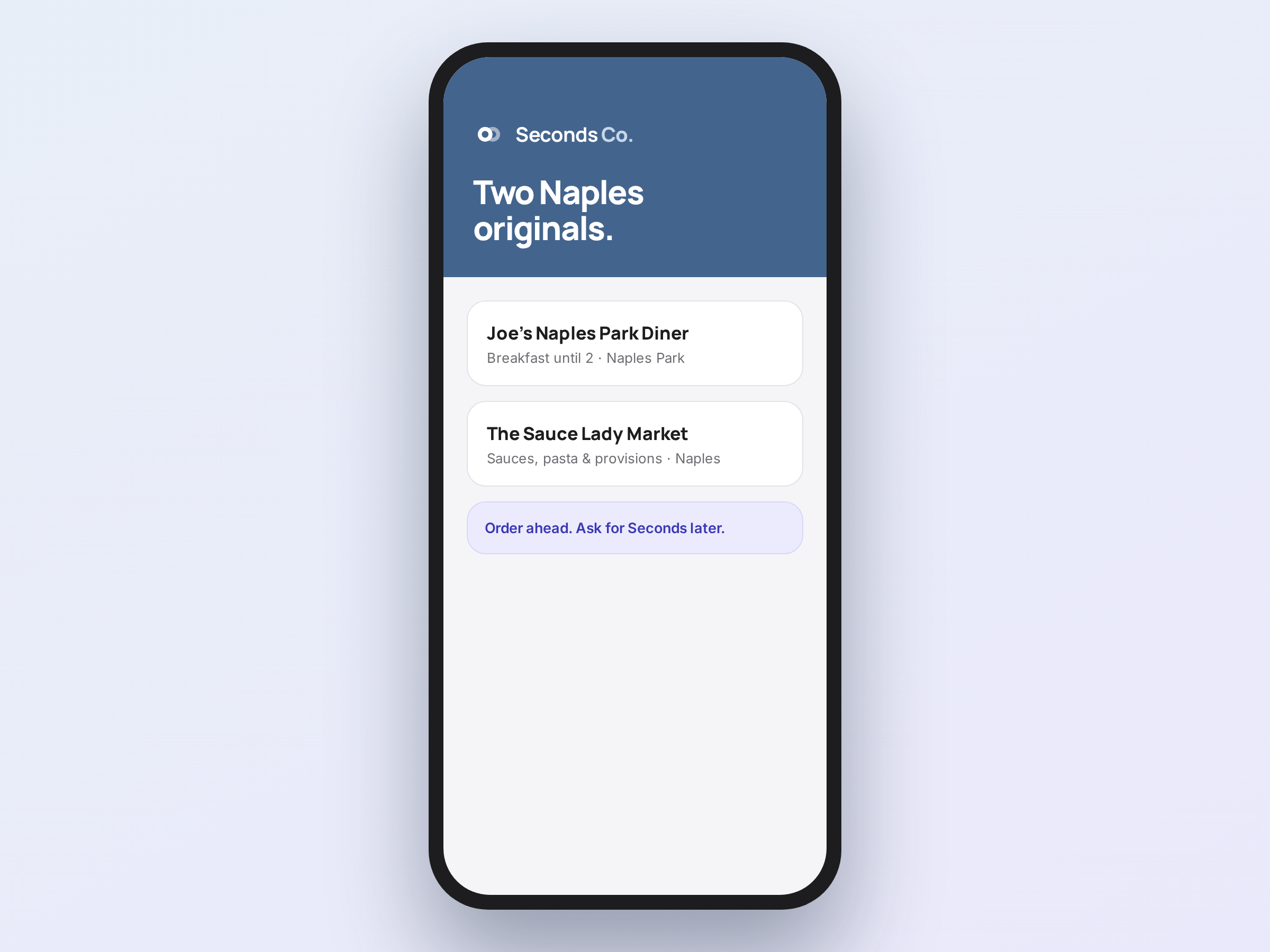 Mobile web mockup of the Seconds Co restaurant list