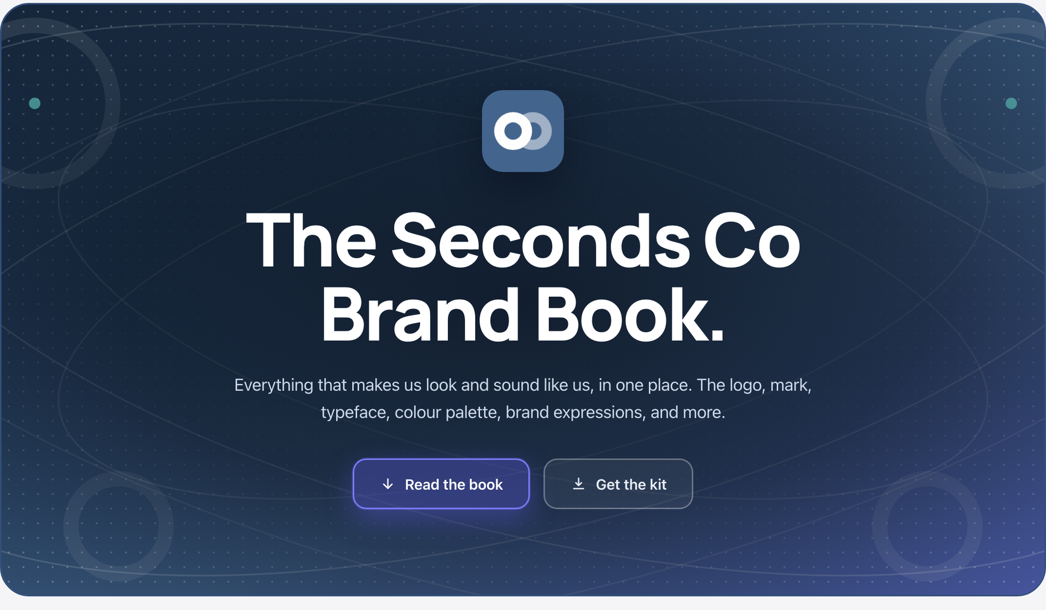 The v8.5 hero card rendered with direction A, Deep field, at 1440px: the two-plate mark, the headline The Seconds Co Brand Book, the subhead, and the Read the book and Get the kit buttons.