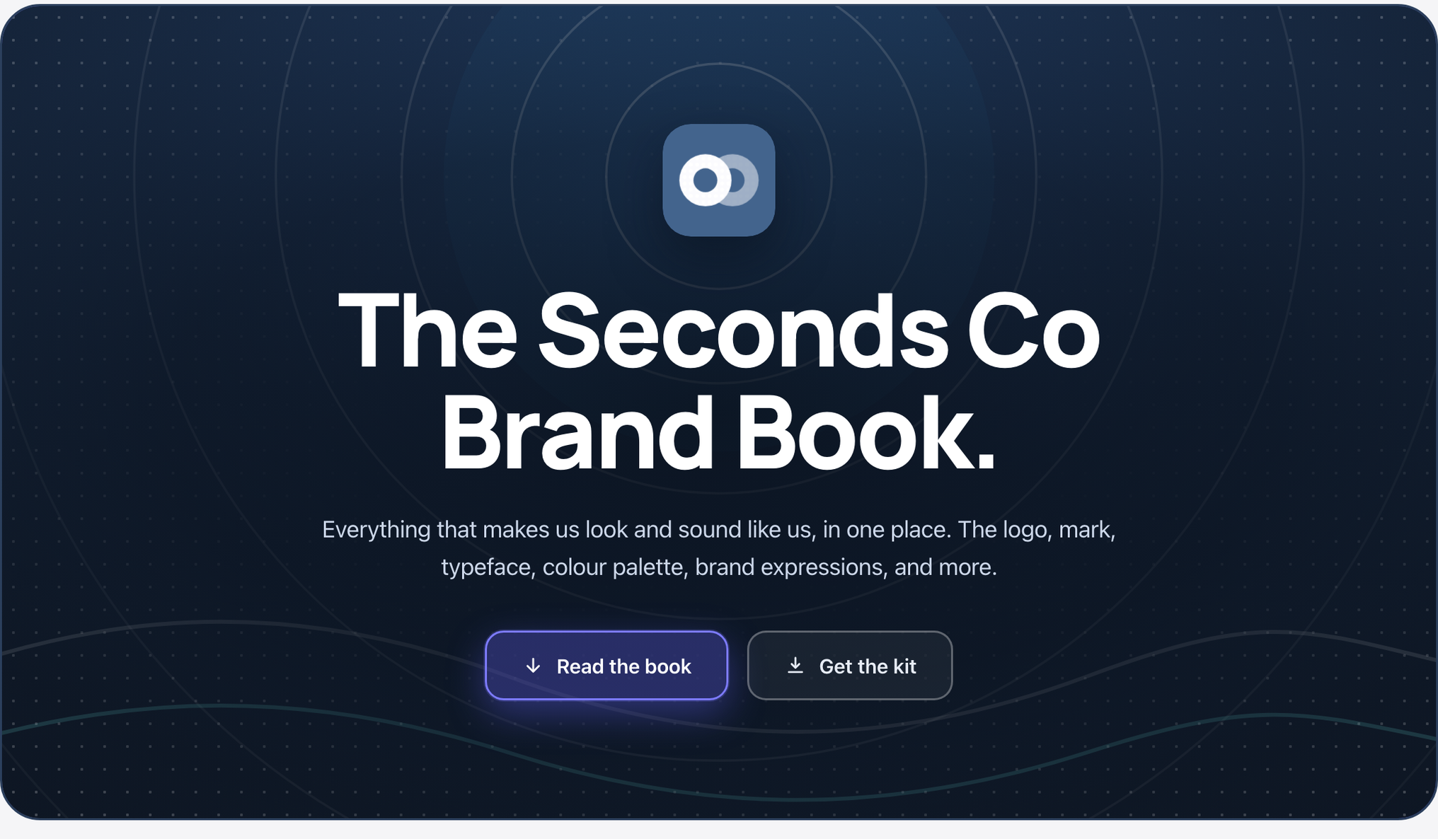 The v8.5 hero card rendered with direction B, Aura burst, at 1440px: the two-plate mark, the headline The Seconds Co Brand Book, the subhead, and the Read the book and Get the kit buttons.
